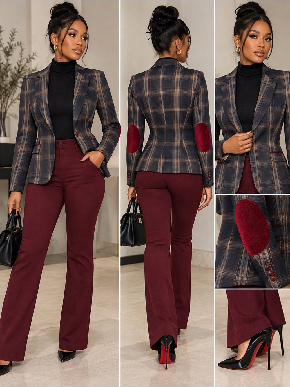 Zara Navy Gray Plaid Blazer with Red Elbow Patches